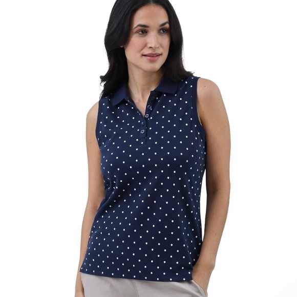 CHAPS Womens Sleeveless Polo Shirt Size Large Navy & White Polkadots New - Picture 1 of 6